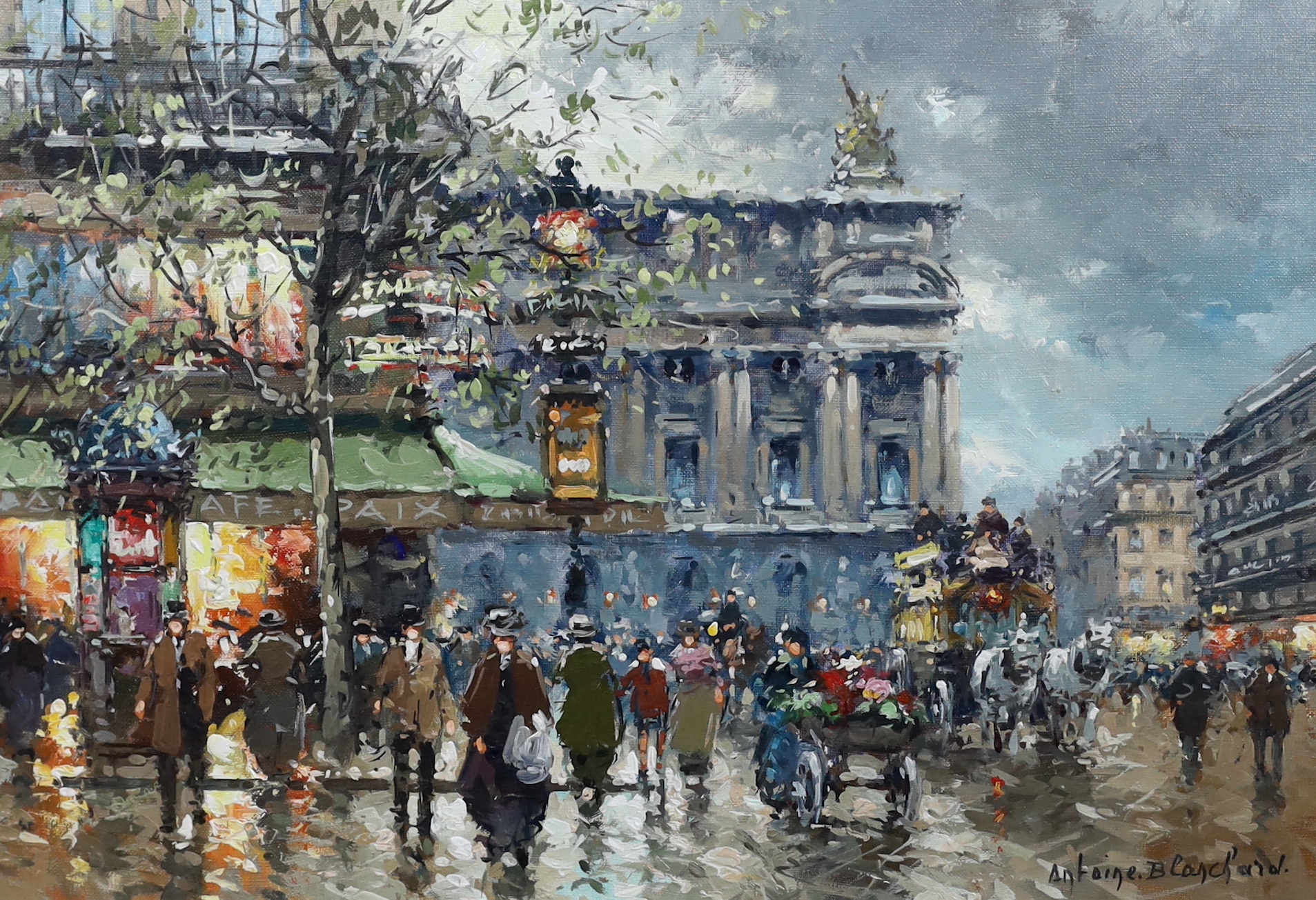 Antoine Blanchard (French, 1910-1988), 'By coach in the rain', oil on canvas, 32 x 46cm